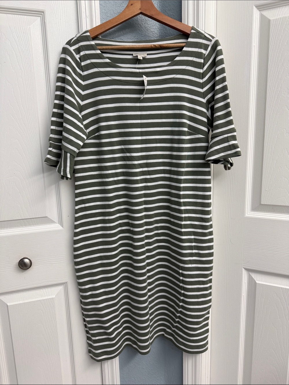 NWT  Talbots Olive and White Striped Midi Dress — Casual Pull-On size M